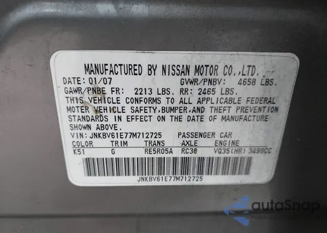 2007 Infiniti G35 Journey from USA, damaged, VIN JNKBV61E77M712725